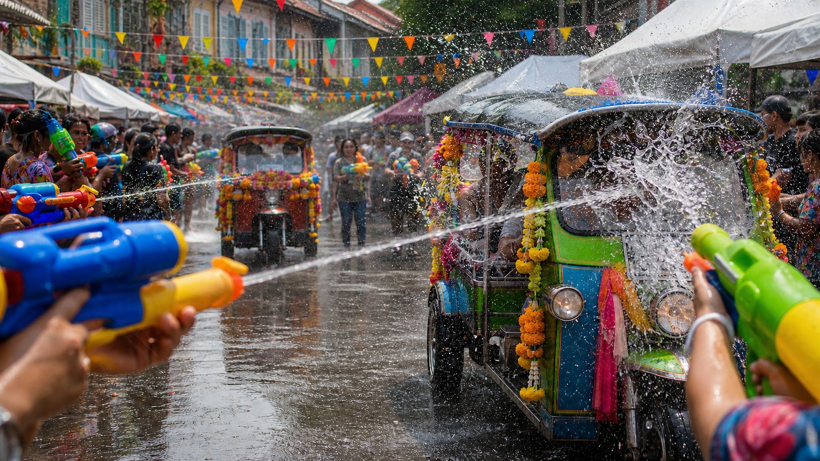 Tuk-tuks y pistolas de agua durante la celebración de Songkran