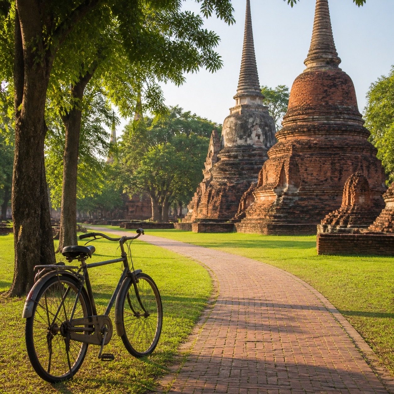 Bicicleta junto a un sendero entre las ruinas históricas de Ayutthaya