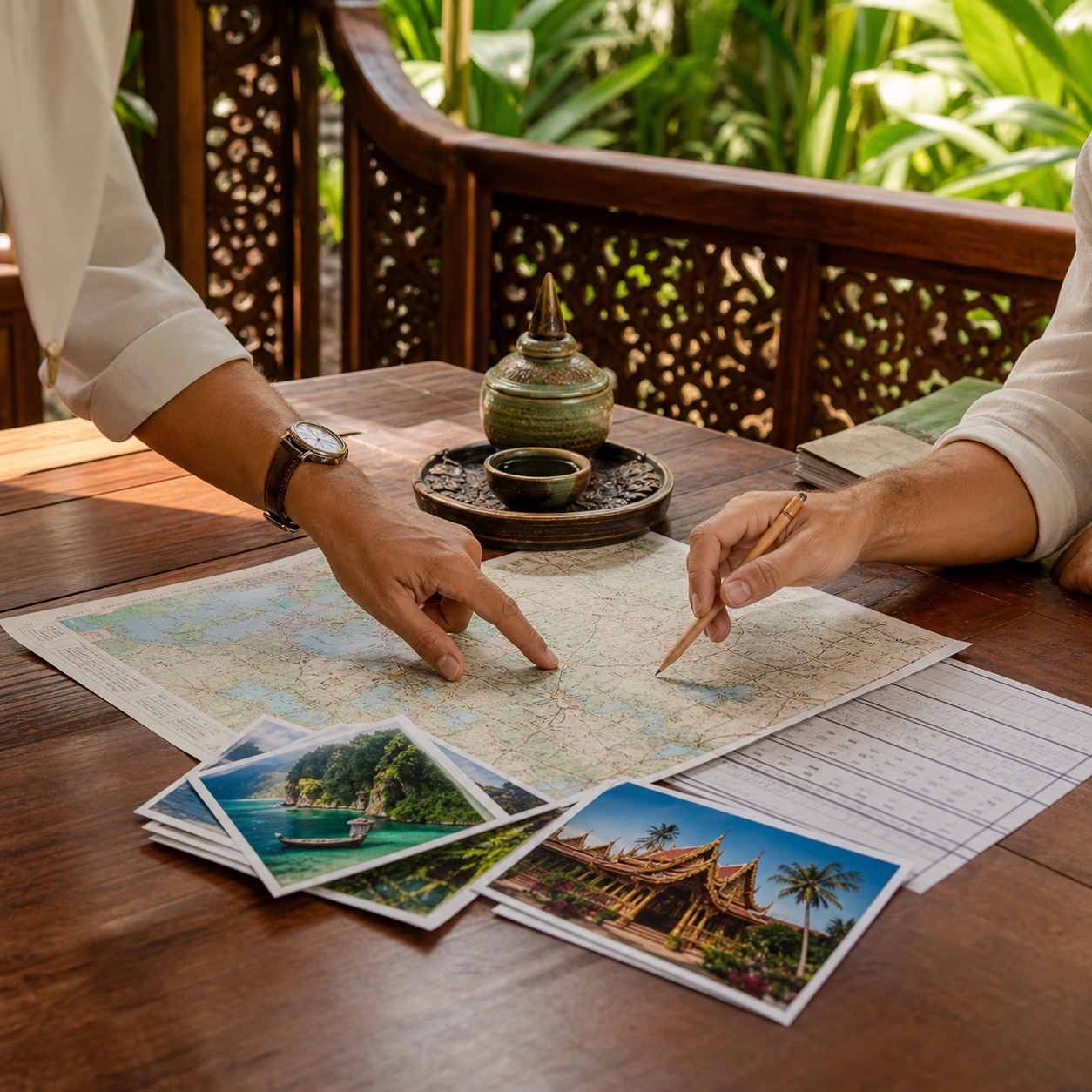 Dos personas revisando una ruta de viaje sobre un mapa