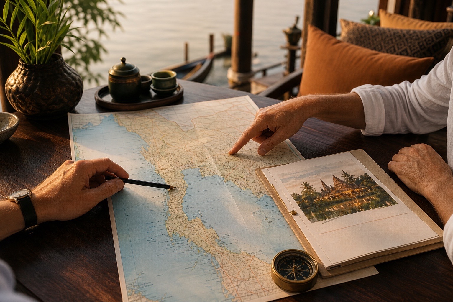 Especialistas revisando una ruta de viaje sobre un mapa de Tailandia