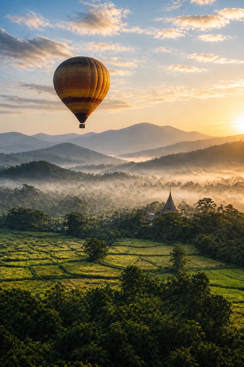 Globo aerostático sobre las montañas y campos del norte de Tailandia
