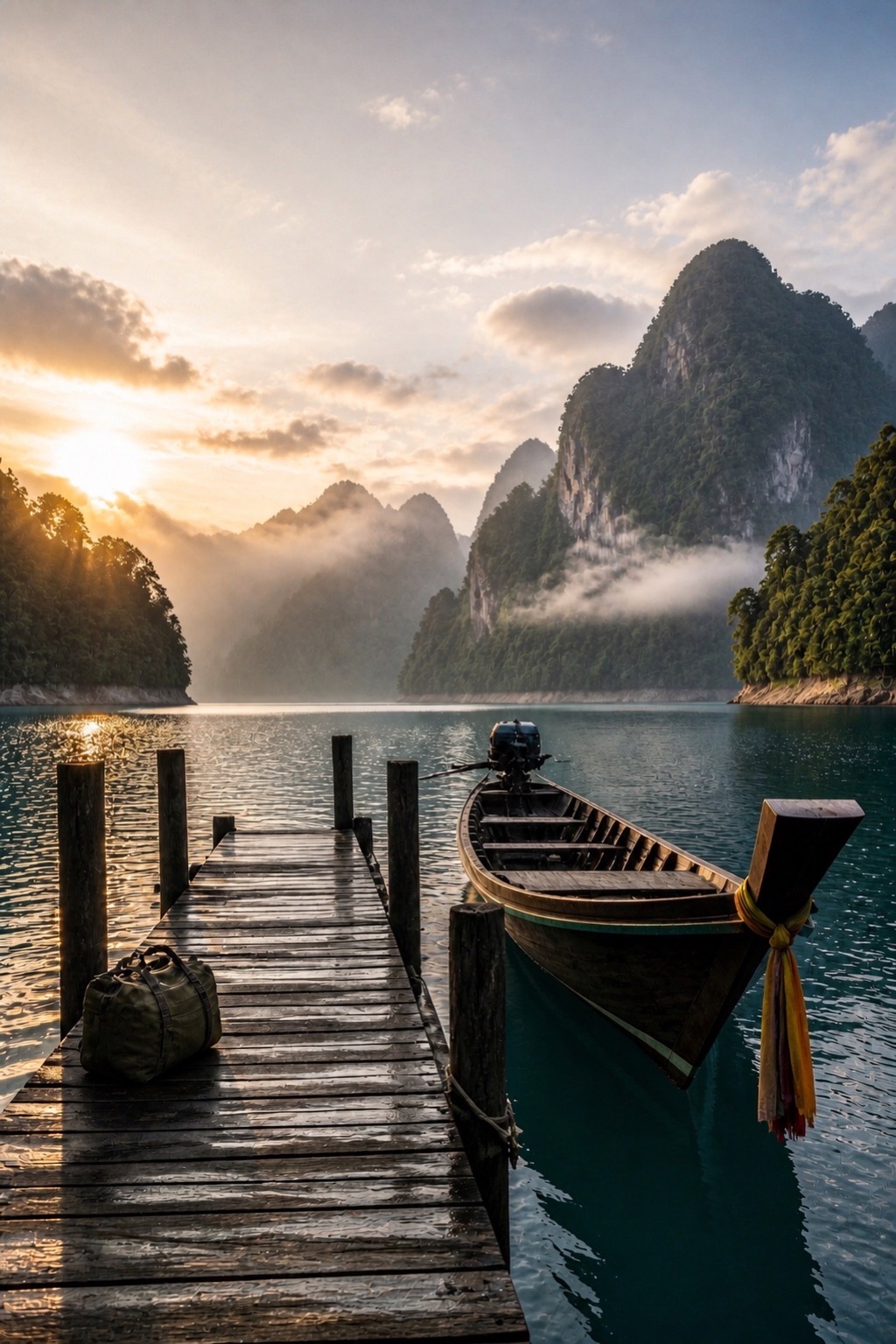 Barca preparada en un embarcadero del lago Khao Sok al amanecer