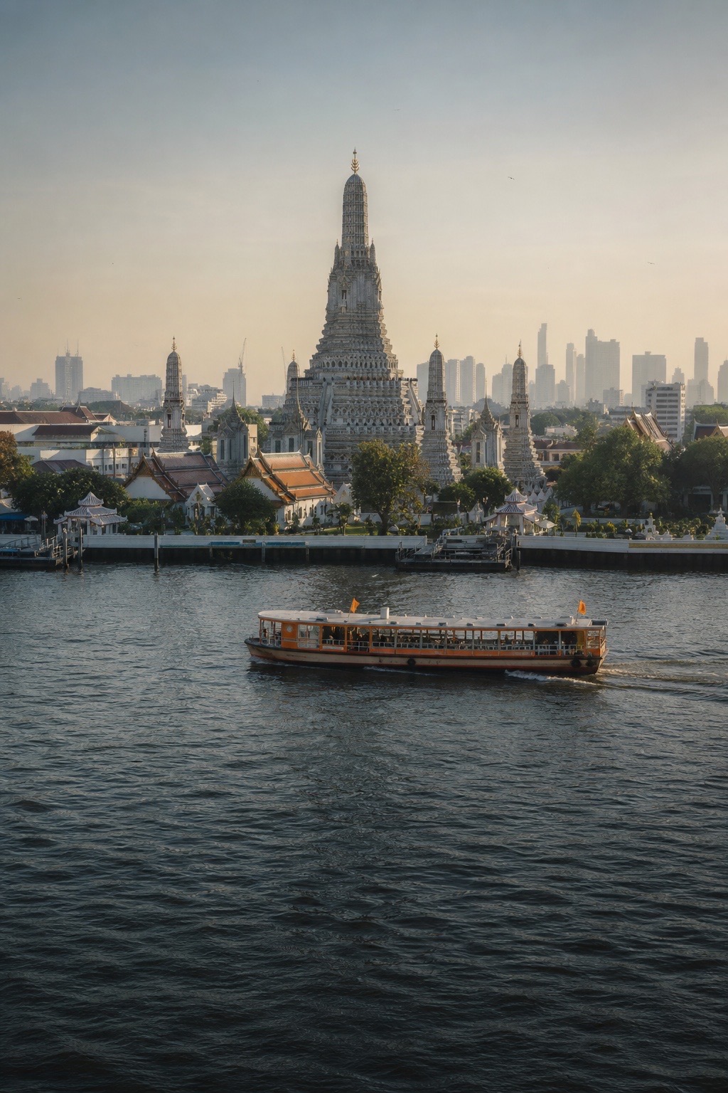 Ferry público frente a Wat Arun y el perfil urbano de Bangkok