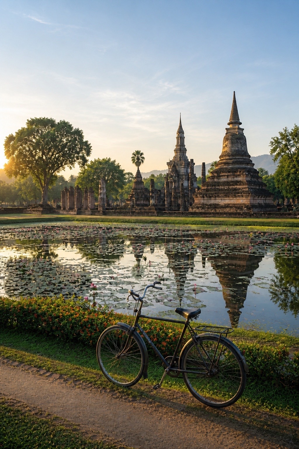 Bicicleta frente a los templos históricos de Sukhothai al amanecer