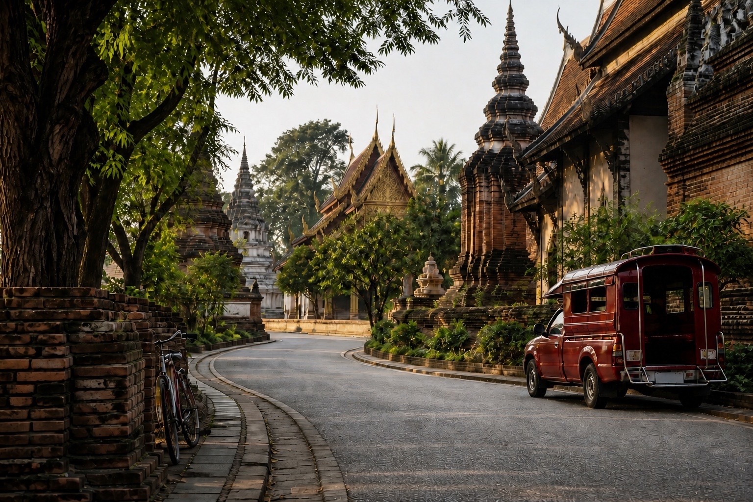 Camino entre templos antiguos de Chiang Mai con distintos transportes