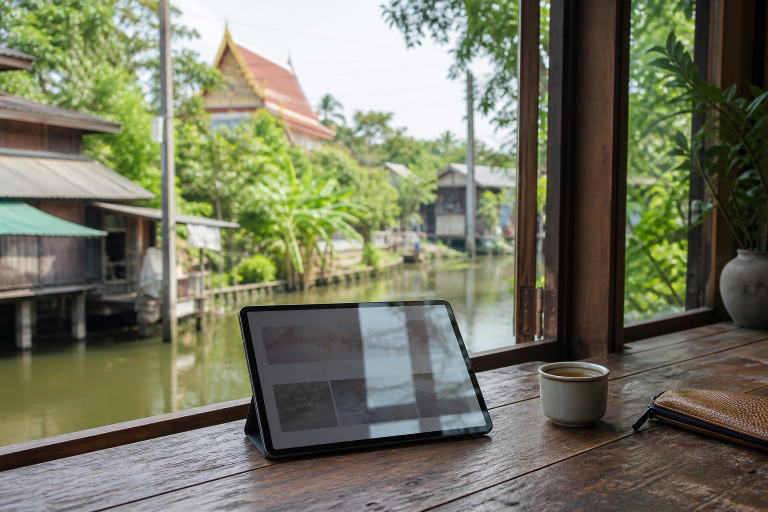 Itinerario digital sobre una mesa de café junto a un canal tailandés
