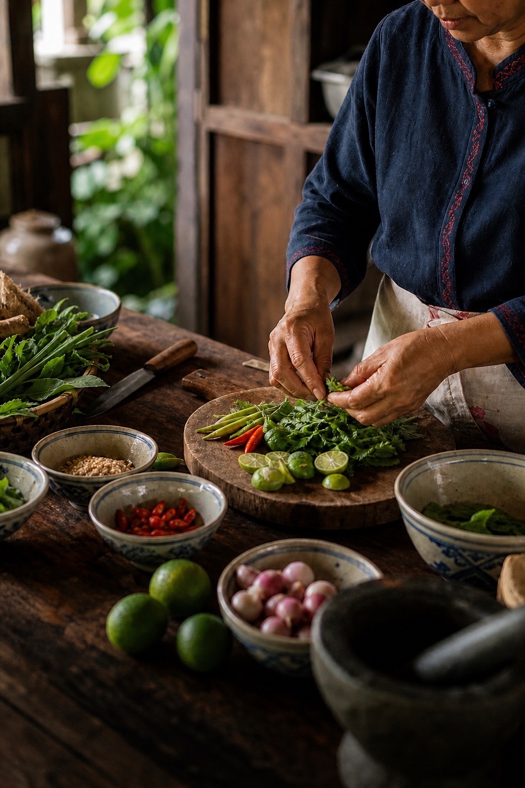 Preparación de ingredientes frescos en una cocina tailandesa