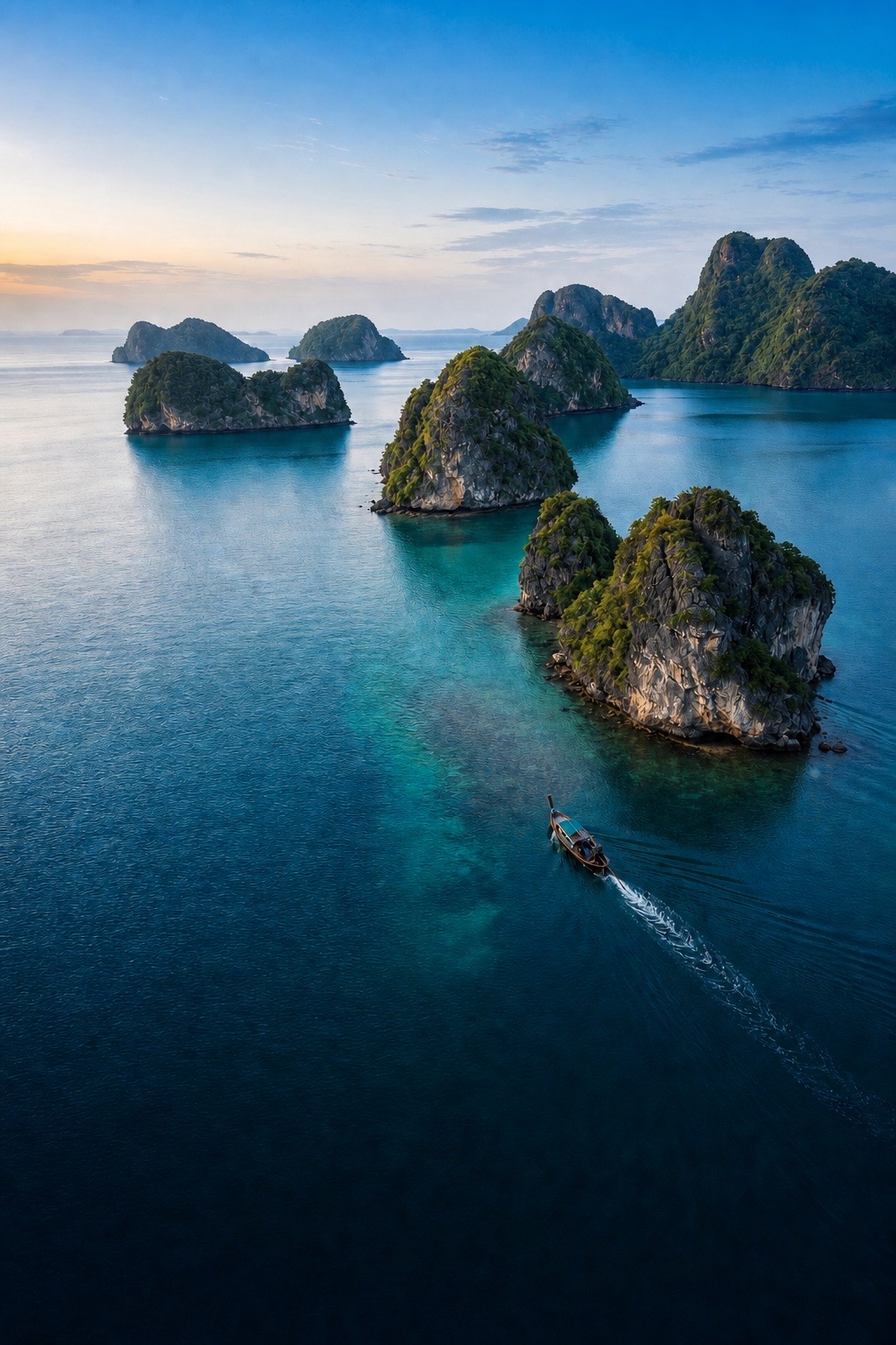 Bahía tranquila entre islas de piedra caliza en Tailandia