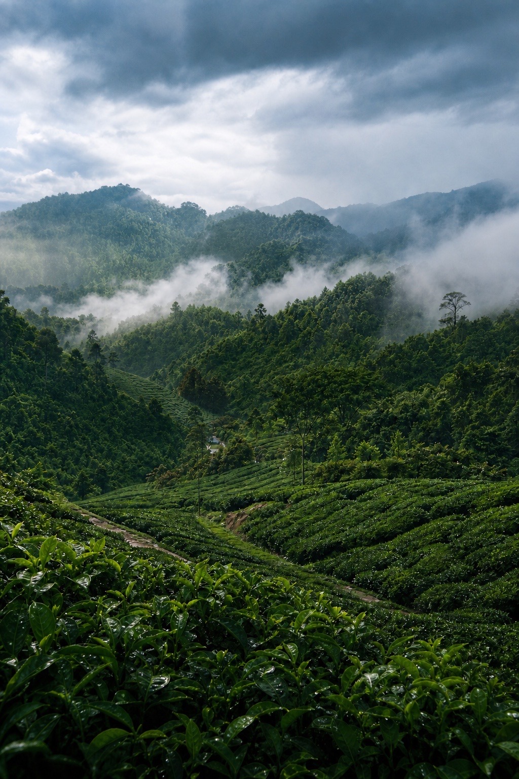 Plantación de té entre montañas cubiertas de neblina