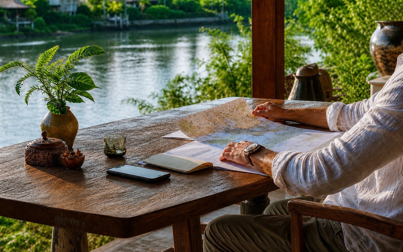 Manos organizando una ruta junto a un río de Tailandia